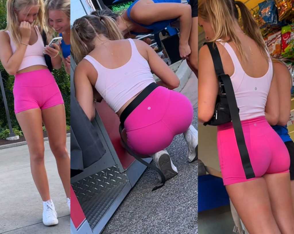 Blonde teen with pigtails in pink shorts