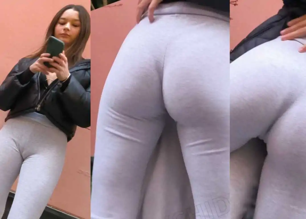 Grey leggings teen cameltoe