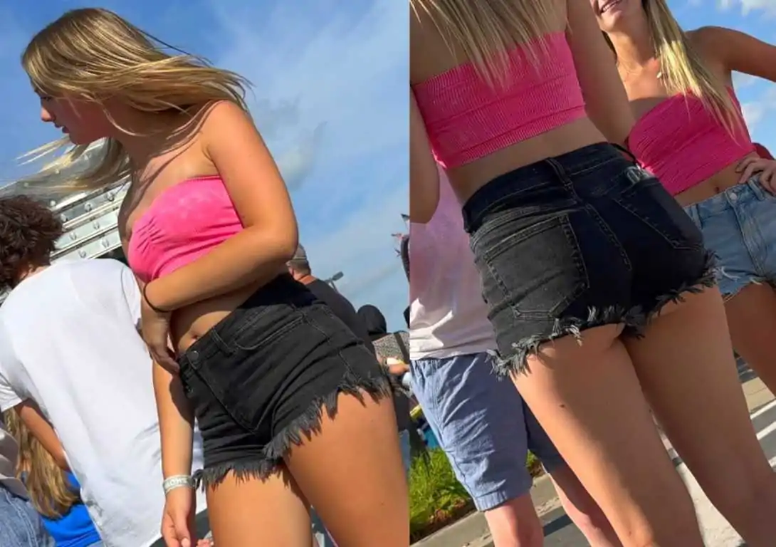 Pink top cute teen in shorts creepshot