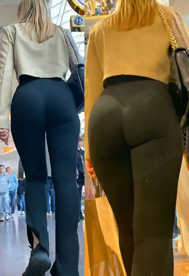 Sexy blonde ass in black leggings shopping