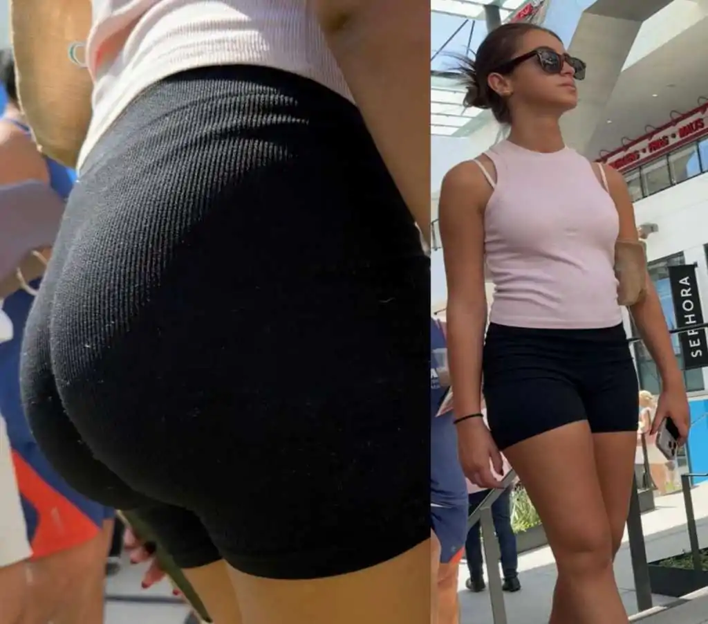 Teen daugther in black shorts sexy booty creepshot
