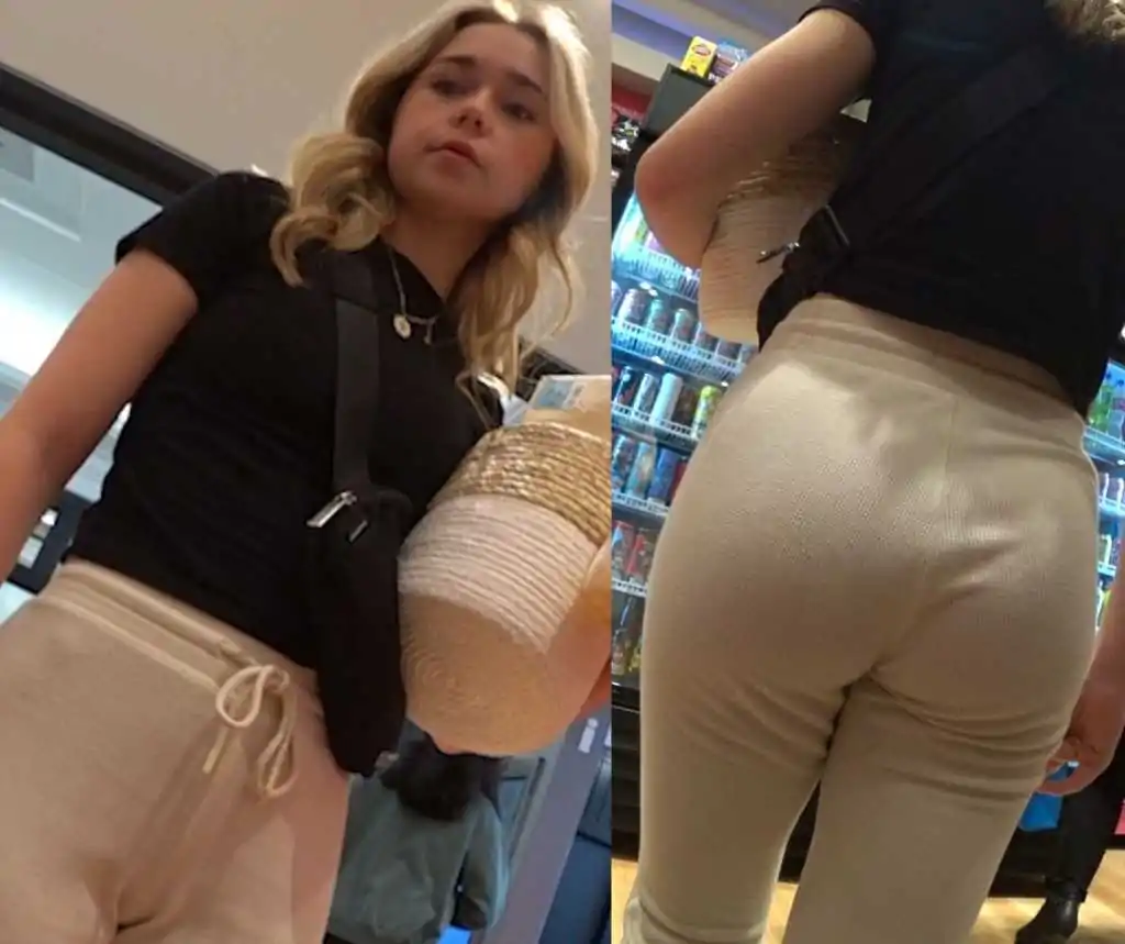 White joggers cute blonde teen ass creepshot