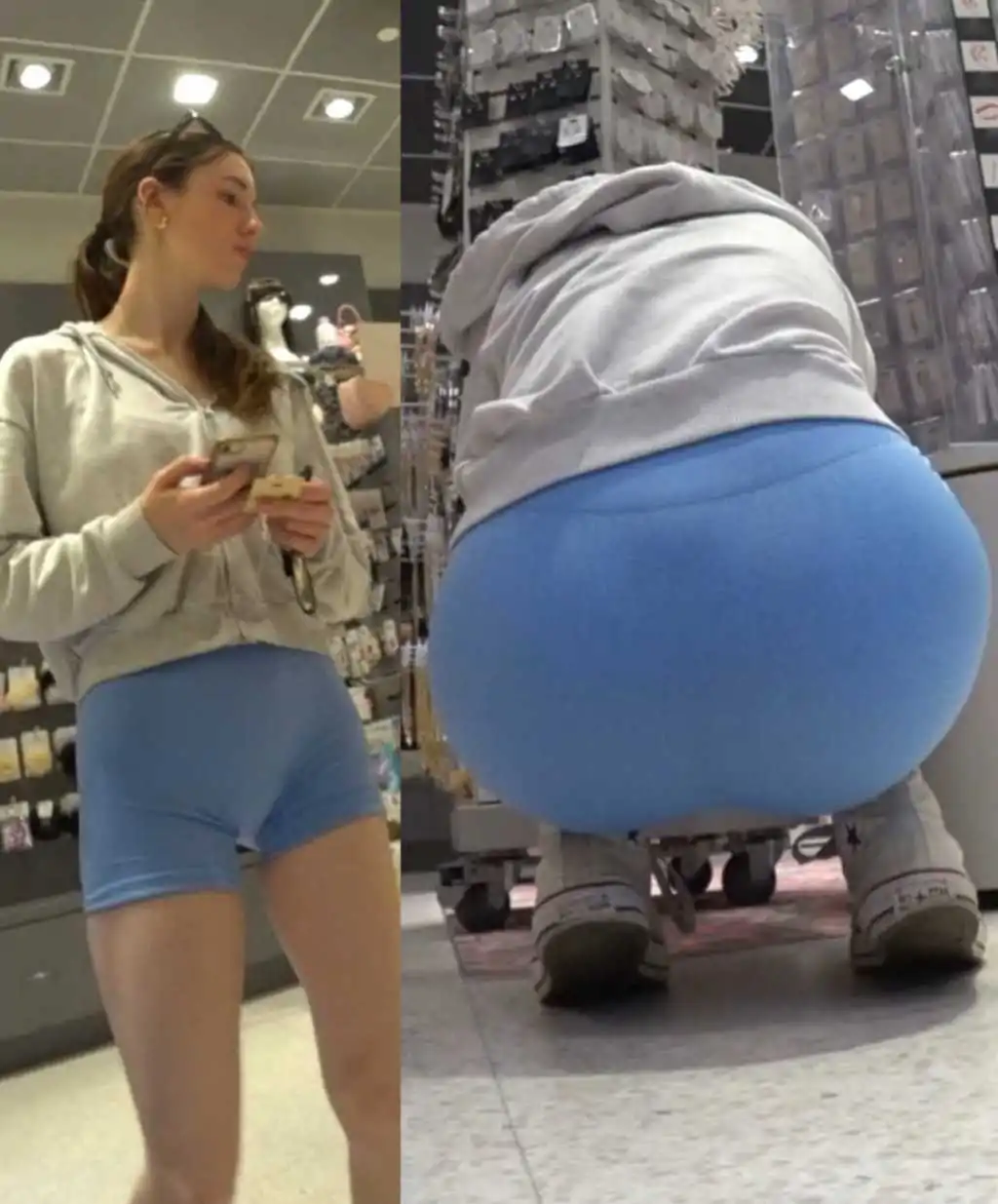 Blue Shorts Teenie Bending Over