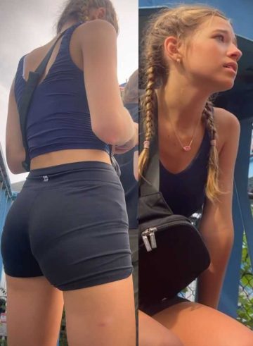 Cute Blonde Teen In Shorts With Pigtails VPL